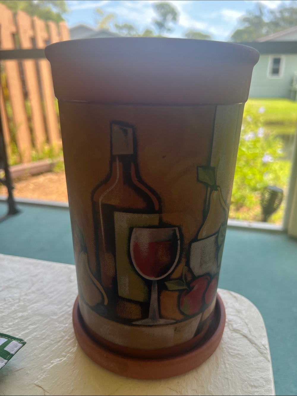 #2265**Hand-Painted Wine Bottle & Glass Ceramic Utensil Holder - Warm Tones